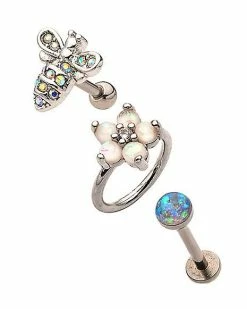 Discount 🧨 Multi-Pack CZ and Opal-Effect Bee and Flower Cartilage Barbells 3 Pack - 18 Gauge 😀
