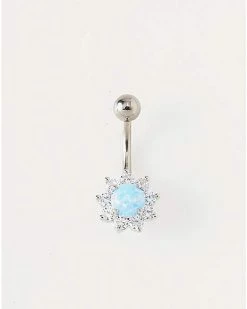 Discount 😉 CZ and Blue Opal-Effect Flower Belly Ring - 14 Gauge ✔️