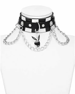 New 🤩 Checkered Playboy Bunny Triple Drop Chain Choker Necklace ❤️