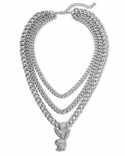 Coupon ⭐ CZ 3 Row Silvertone Playboy Bunny Chain Necklace 👍 -Playboy Shop 03934072 b