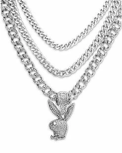 Coupon ⭐ CZ 3 Row Silvertone Playboy Bunny Chain Necklace 👍 -Playboy Shop 03934072 c