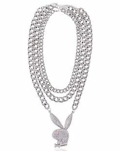 Hot Sale 😀 CZ Playboy Bunny Triple Row Figaro Chain Necklace ⌛ -Playboy Shop 03934130 c