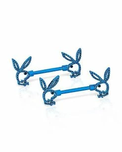 New 👍 CZ Blue Playboy Bunny Cutout Nipple Barbells - 14 Gauge ✔️
