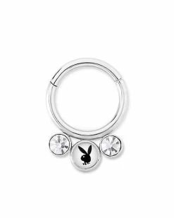 Promo ⌛ CZ Silvertone Playboy Bunny Cartilage Hinged Hoop Ring - 16 Gauge 🛒