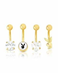 Coupon ❤️ Multi-Pack Heart CZ Goldplated Playboy Belly Rings 4 Pack - 14 Gauge 🔥
