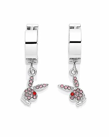 Brand new ✔️ CZ Pink Playboy Bunny Hoop Huggie Dangle Earrings - 18 Gauge ⌛ 3 Brand new ✔️ CZ Pink Playboy Bunny Hoop Huggie Dangle Earrings - 18 Gauge ⌛