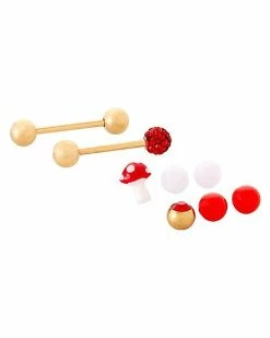 Coupon 🎉 CZ Red Goldtone Mushroom Barbell with Extra Balls 6 Pack - 14 Gauge 🎁