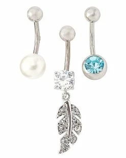 Wholesale 👍 Multi-Pack CZ Feather Dangle Belly Rings 3 Pack - 14 Gauge 👏