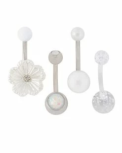 Cheapest ⌛ Multi-Pack CZ White Flower Pearl Belly Rings 4 Pack - 14 Gauge 🌟
