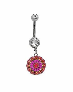 Best Pirce 🔔 CZ Colorful Retro Flower Dangle Belly Ring - 14 Gauge 😀