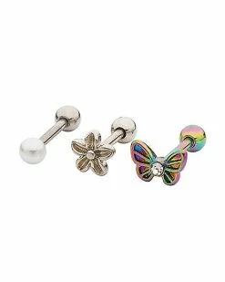 Brand new 🎁 Multi-Pack CZ Butterfly and Flower Cartilage Barbells 3 Pack - 18 Gauge ⭐ -Playboy Shop 03946415 c
