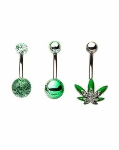 New 𧨠Multi-Pack Green Weed Leaf Belly Rings 3 Pack - 14 Gauge π