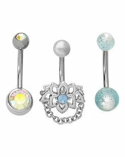 Buy 👏 Multi-Pack CZ Lotus Flower Belly Rings 3 Pack - 14 Gauge 🧨