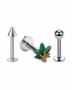 Hot Sale ✨ Multi-Pack CZ Weed Leaf Labret Lip Rings and Cartilage Barbells 3 Pack - 16 Gauge 🌟