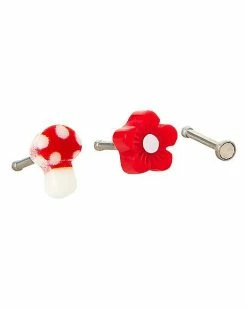 Best Sale 😉 Multi-Pack CZ Red Flower and Mushroom Bone Nose Rings 3 Pack - 20 Gauge 🔥