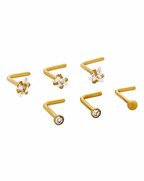 Outlet π Multi-Pack CZ Goldtone L-Bend Nose Rings 6 Pack - 20 Gauge π 3 Outlet π Multi-Pack CZ Goldtone L-Bend Nose Rings 6 Pack - 20 Gauge π