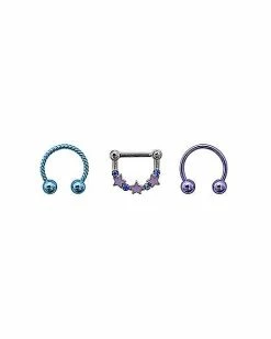Buy 🌟 Multi-Pack CZ Purple and Blue Star Horseshoe Rings and Clicker Septum Ring 3 Pack - 16 Gauge 🤩