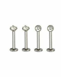 Hot Sale ⌛ Multi-Pack CZ Silvertone Labret Lip Rings 4 Pack - 16 Gauge 🎉 -Playboy Shop 03948759 b