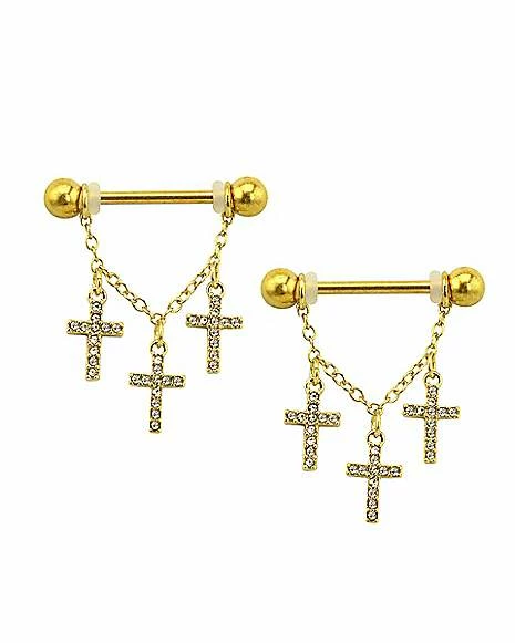 Flash Sale βοΈ CZ Goldtone Cross Dangle Nipple Barbells - 14 Gauge π 3 Flash Sale βοΈ CZ Goldtone Cross Dangle Nipple Barbells - 14 Gauge π