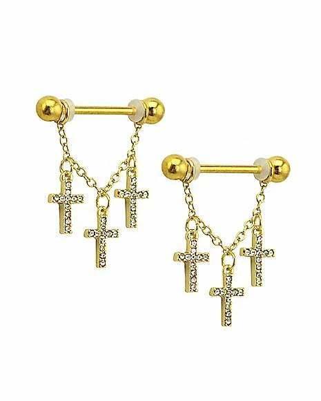 Flash Sale βοΈ CZ Goldtone Cross Dangle Nipple Barbells - 14 Gauge π 4 Flash Sale βοΈ CZ Goldtone Cross Dangle Nipple Barbells - 14 Gauge π - Image 2