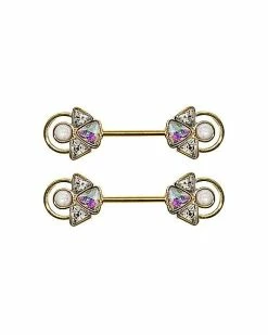 Buy ✔️ Opal-Effect and Pearl-Effect Triangle Goldtone Nipple Barbells - 14 Gauge 🌟