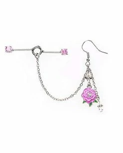 Best deal 🥰 CZ Pink Industrial Barbell Chain Dangle Earrings - 14 Gauge ⭐