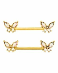 Budget ✨ CZ Goldplated Butterfly Nipple Barbells - 14 Gauge 🔥