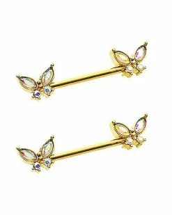 Budget ✨ CZ Goldplated Butterfly Nipple Barbells - 14 Gauge 🔥 -Playboy Shop 03951282 c