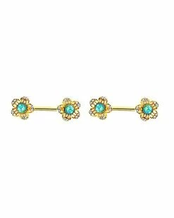 Promo ✨ CZ and Blue Opal-Effect Flower Nipple Barbells - 14 Gauge ⌛
