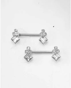 Promo 🔥 CZ Cluster Silvertone Titanium Nipple Barbells - 14 Gauge ❤️