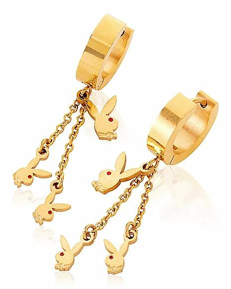 Best deal π Goldtone Triple Playboy Bunny Chain Dangle Huggie Hoop Earrings 𧨠3 Best deal π Goldtone Triple Playboy Bunny Chain Dangle Huggie Hoop Earrings π§¨