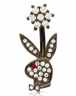 Best Pirce ⭐ CZ Flower Black Playboy Belly Ring - 14 Gauge 😍