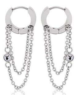Outlet ✔️ CZ Silvertone Playboy Bunny Double Chain Dangle Huggie Hoop Earrings ✔️