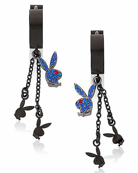 Discount 𧨠Blue CZ Triple Playboy Bunny Chain Dangle Huggie Hoop Earrings π 4 Discount 𧨠Blue CZ Triple Playboy Bunny Chain Dangle Huggie Hoop Earrings π - Image 2