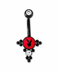 Promo 🛒 Playboy Bunny CZ Black and Red Dangle Belly Ring - 14 Gauge 🎁
