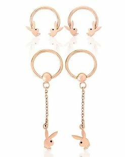 Discount 👍 Multi-Pack Playboy Bunny Rose Gold Plated Dangle Earrings 4 Pack - 16 Gauge 🧨