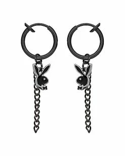 Budget 🥰 Black Playboy Chain Dangle Fake Hinged Hoop Earrings 🛒