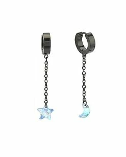 Brand new 🤩 Black Star and Moon Chain Dangle Huggie Hoop Earrings - 18 Gauge ⌛