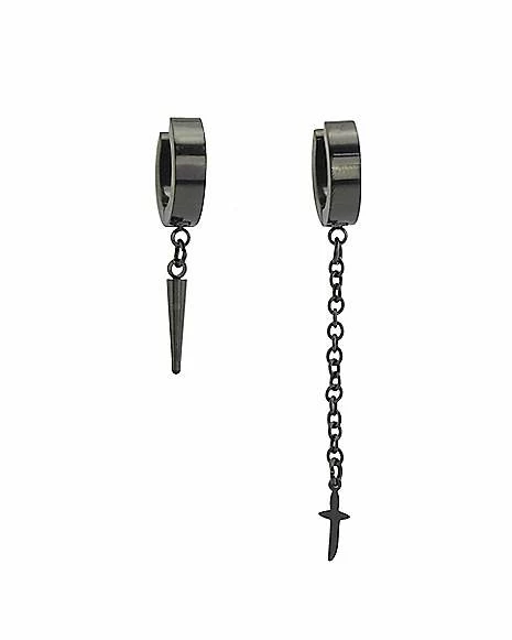 Wholesale βοΈ Black Sword and Spike Chain Dangle Huggie Hoop Earrings - 18 Gauge π 3 Wholesale βοΈ Black Sword and Spike Chain Dangle Huggie Hoop Earrings - 18 Gauge π