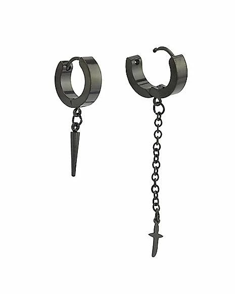 Wholesale βοΈ Black Sword and Spike Chain Dangle Huggie Hoop Earrings - 18 Gauge π 4 Wholesale βοΈ Black Sword and Spike Chain Dangle Huggie Hoop Earrings - 18 Gauge π - Image 2