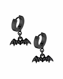 Hot Sale ✔️ Black Bat Dangle Huggie Hoop Earrings - 20 Gauge 🧨