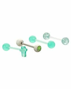New π Multi-Pack Glow in the Dark Green CZ and Cross Barbells 4 Pack - 14 Gauge π