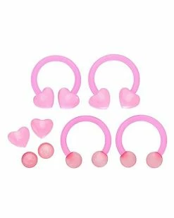 Cheap 😀 Multi-Pack Pink Heart Acrylic Horseshoe Rings and Extra Balls 4 Pack - 14 Gauge 👏