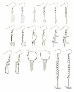 Budget ⌛ Multi-Pack Silvertone Knife Axe 🔨 Hammer Weapon Dangle Earrings - 9 Pair ❤️