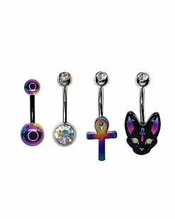 Discount 🔥 Multi-Pack CZ Cat and Cross Belly Rings 4 Pack - 14 Gauge 😀