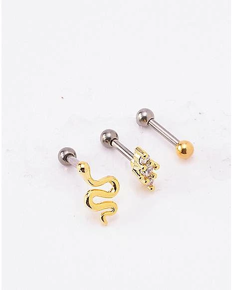 Brand new π Multi-Pack CZ Goldtone Snake Cartilage Barbells 3 Pack - 16 Gauge π 3 Brand new π Multi-Pack CZ Goldtone Snake Cartilage Barbells 3 Pack - 16 Gauge π
