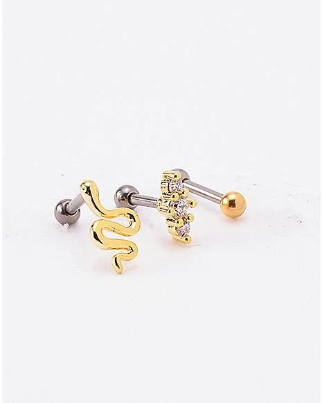 Brand new π Multi-Pack CZ Goldtone Snake Cartilage Barbells 3 Pack - 16 Gauge π 4 Brand new π Multi-Pack CZ Goldtone Snake Cartilage Barbells 3 Pack - 16 Gauge π - Image 2