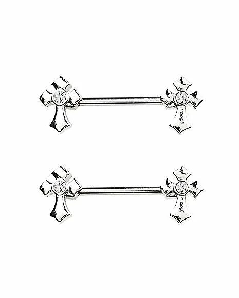 Cheap β CZ Silvertone Cross Nipple Barbells - 14 Gauge π 3 Cheap β CZ Silvertone Cross Nipple Barbells - 14 Gauge π