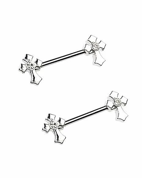 Cheap β CZ Silvertone Cross Nipple Barbells - 14 Gauge π 4 Cheap β CZ Silvertone Cross Nipple Barbells - 14 Gauge π - Image 2