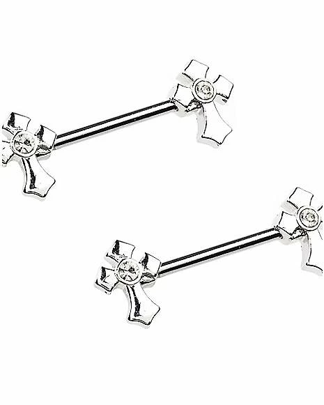 Cheap β CZ Silvertone Cross Nipple Barbells - 14 Gauge π 5 Cheap β CZ Silvertone Cross Nipple Barbells - 14 Gauge π - Image 3